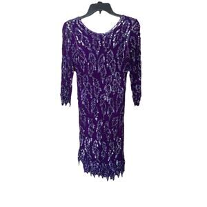 Vintage 80s Scala Dress Women's M Sequin Beaded 100% Silk Dolly Parton Purple